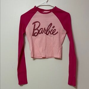 BARBIE NWT Pink Sparkly Cropped Long Sleeve Ribbed Tee Shirt 👚